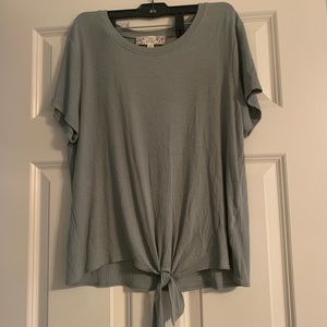 pink republic, large, greenish blue t shirt, light, ribbed.